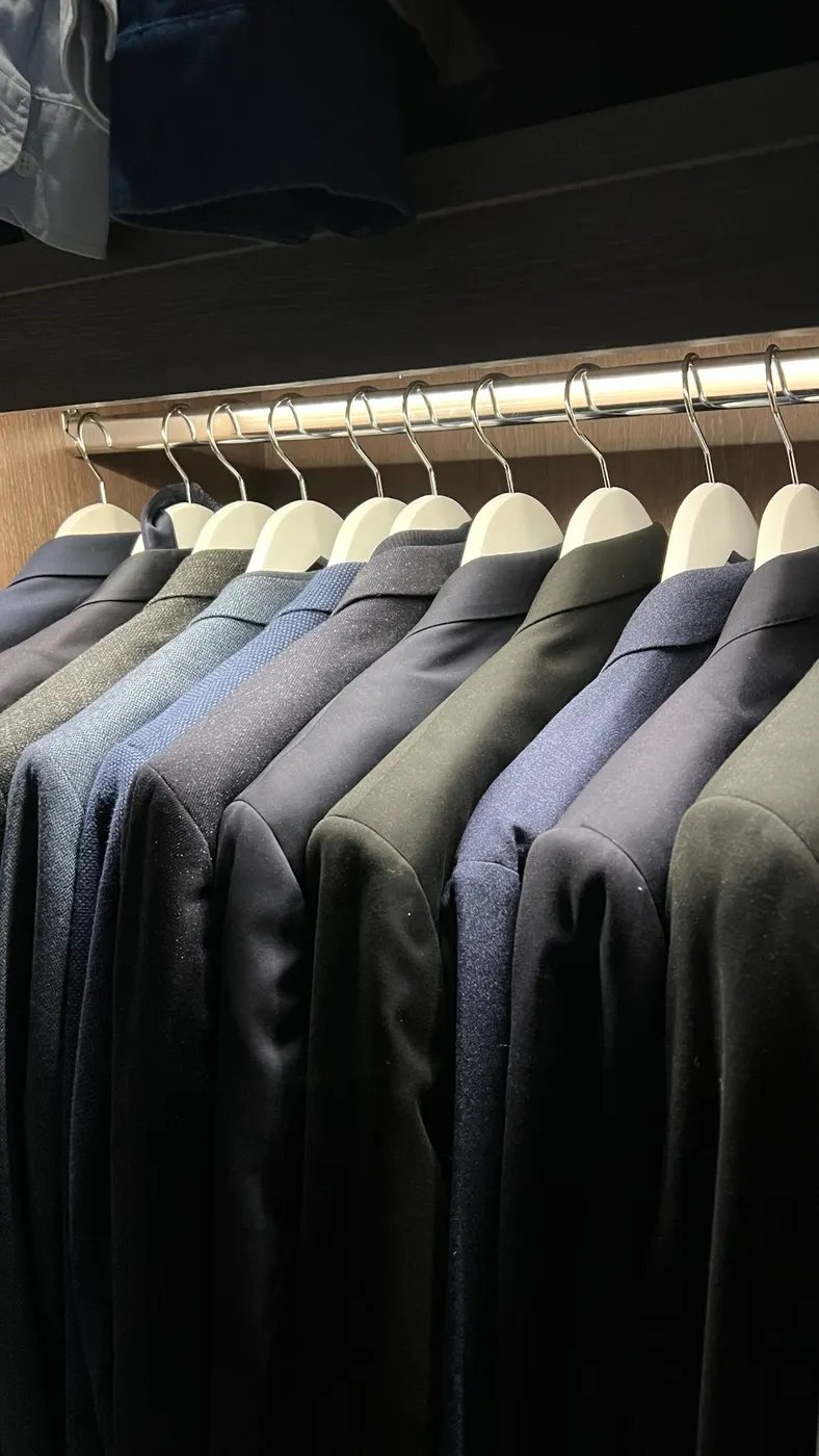 Suits arranged on matching hangers
