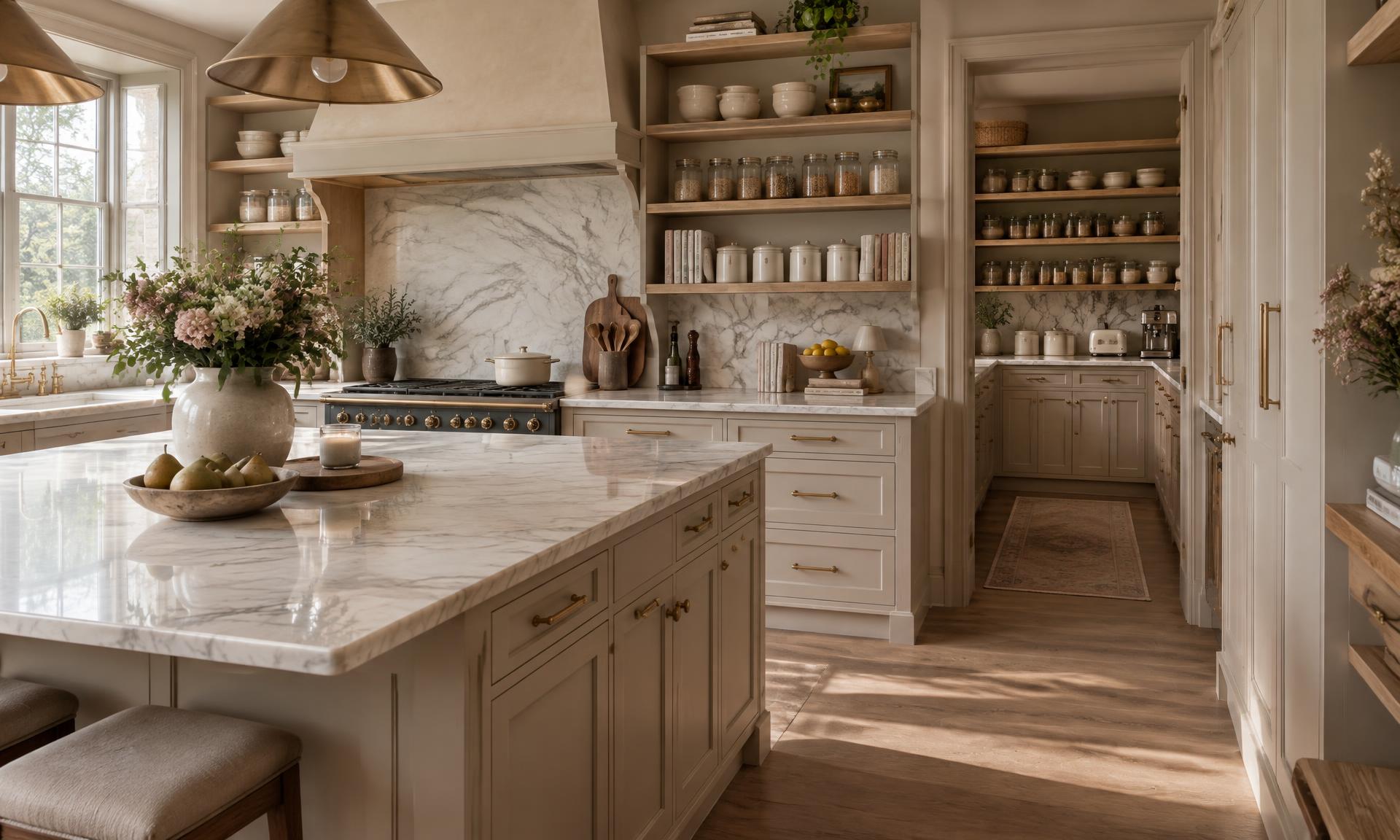 A beautifully organised cream kitchen with open shelving